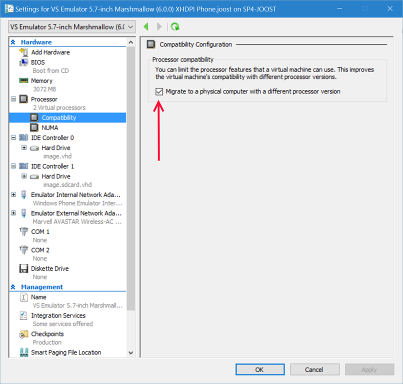 Migrate to a physical computer with a different processor version